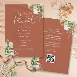 Terrakotta-Grünpflanzen-Blumen-Hochzeit mit QR-Cod Save The Date
