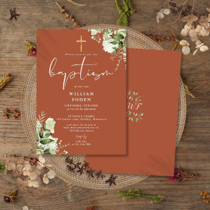Terrakotta-Grünpflanzen-Blumen-Monogramm-Taufe Einladung