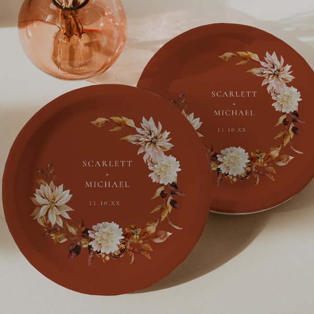 Terrakotta-Herbsthochzeit Pappteller (Terracotta Autumn Floral Table Decor Round Wedding Paper Plates by Painted Paperie
)