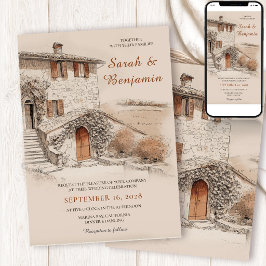 Terrakotta Italienische Villa Skizze Hochzeit Einladung