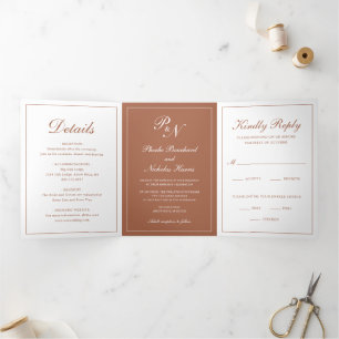 Terrakotta Klassische Elegante Hochzeit Dreifach Gefaltete Einladung