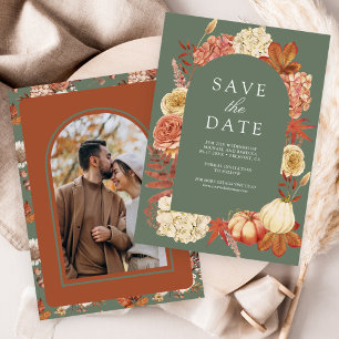 Terrakotta-Kürbis-Blumen- Salbei-Grün-Hochzeit Save The Date