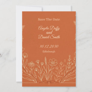Terrakotta-Linienkunst-Blumen-Save-the-Date-Karte Save The Date
