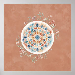 Terrakotta-Marokkanisches-Mosaik-Blumen-Mandala-Pl Poster