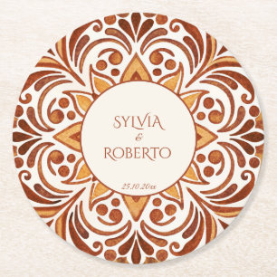 Terrakotta-Mexikanische Talavera-Hochzeitsgeschenk Runder Pappuntersetzer