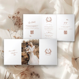 Terrakotta-Monogramm-Foto-QR-Code-RSVP/Details Dreifach Gefaltete Karte