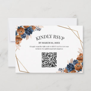 Terrakotta-Navy-Blau-Floral-Hochzeits-QR-Code RSVP Karte