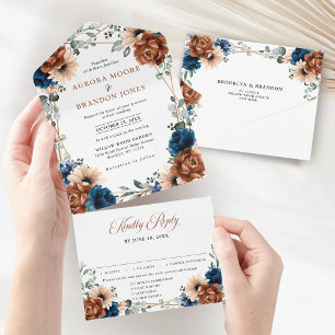 Terrakotta-Navy-Blau-Grün-Geometrische Hochzeit All In One Einladung