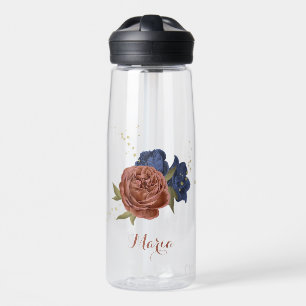 Terrakotta-Navyblau-Blumen-Grün-Name Trinkflasche