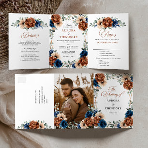 Terrakotta-Navyblau-Grün-Geometrisch Hochzeit Dreifach Gefaltete Ankündigung
