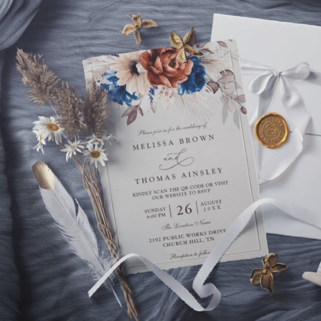 Terrakotta-Navyblau-Pampasgras-QR-Code-Hochzeit Einladung (Von Creator hochgeladen)