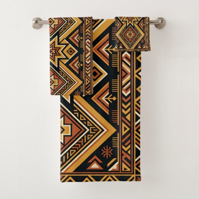 Terrakotta-Ocker-Boho-Geometrisches-Abstraktes Mus Badhandtuch Set (Insitu)