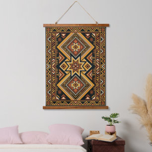 Terrakotta-Ocker-Boho-Geometrisches-Abstraktes Mus Wandteppich Mit Holzrahmen