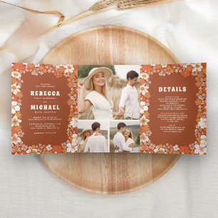 Terrakotta Orange Groovy Retro Wildblumen-Hochzeit Dreifach Gefaltete Einladung