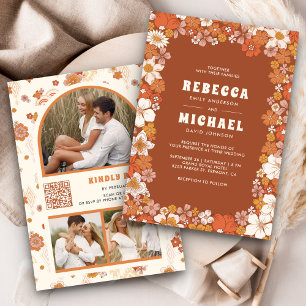 Terrakotta Orange Groovy Retro Wildblumen-Hochzeit Einladung