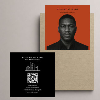 Terrakotta Orange Schwarzer Immobilienmakler QR Fo Quadratische Visitenkarte