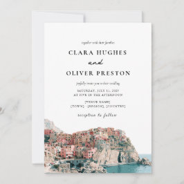 Terrakotta-Ozeanblau-Serif-Cinque-Terre-Hochzeit Einladung