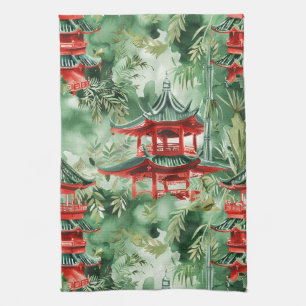 Terrakotta-Pagode Asiaten-Garten Aquarell Geschirrtuch