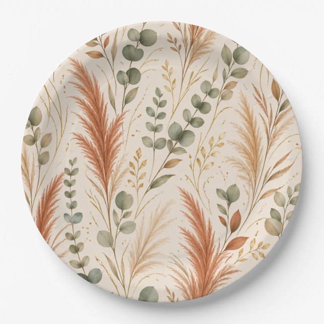 Terrakotta Pampasgras Eukalyptus Neutral Boho Pappteller (Vorderseite)