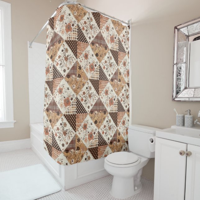 Terrakotta Patchwork-Quilt Rustikale Blumen Retro Duschvorhang (Beispiel)