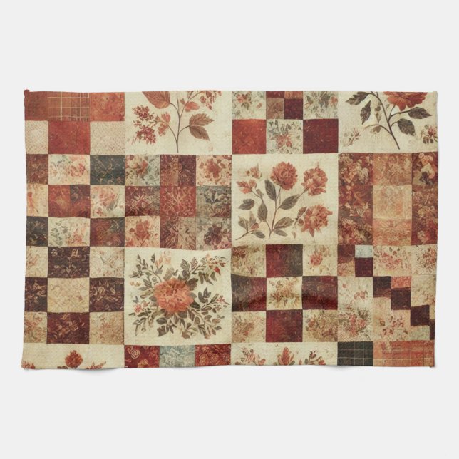 Terrakotta-Patchwork und Quilt Rustikale Blumenmus Geschirrtuch (Horizontal)