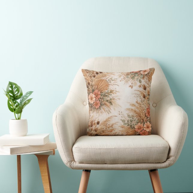 Terrakotta-Pfirsich-Boho-Pampas-Blumen Kissen (Stuhl )