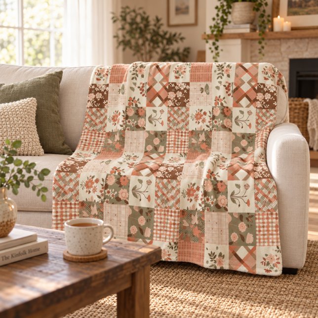 Terrakotta-Pfirsich-Quilt-Patchwork-Gingham-Blumen Fleecedecke (Von Creator hochgeladen)