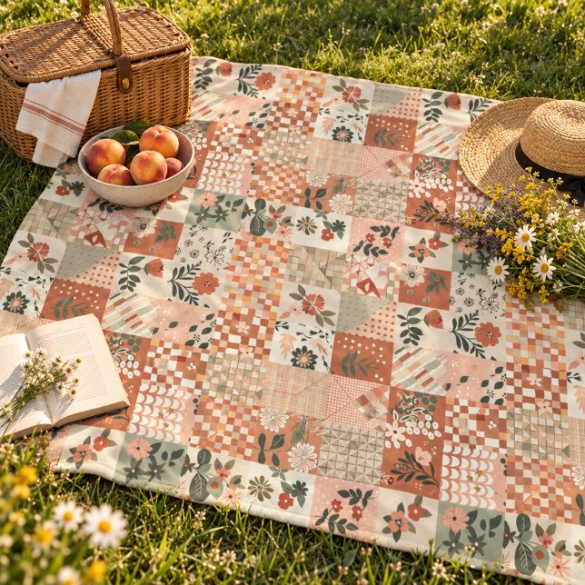Terrakotta-Pfirsich-Quilt-Patchwork-Gingham-Blumen Fleecedecke (Von Creator hochgeladen)