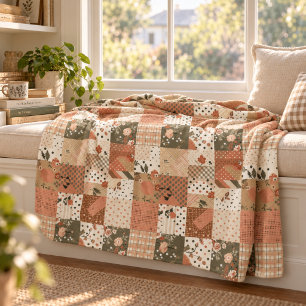 Terrakotta-Pfirsich-Quilt-Patchwork-Gingham-Blumen Fleecedecke