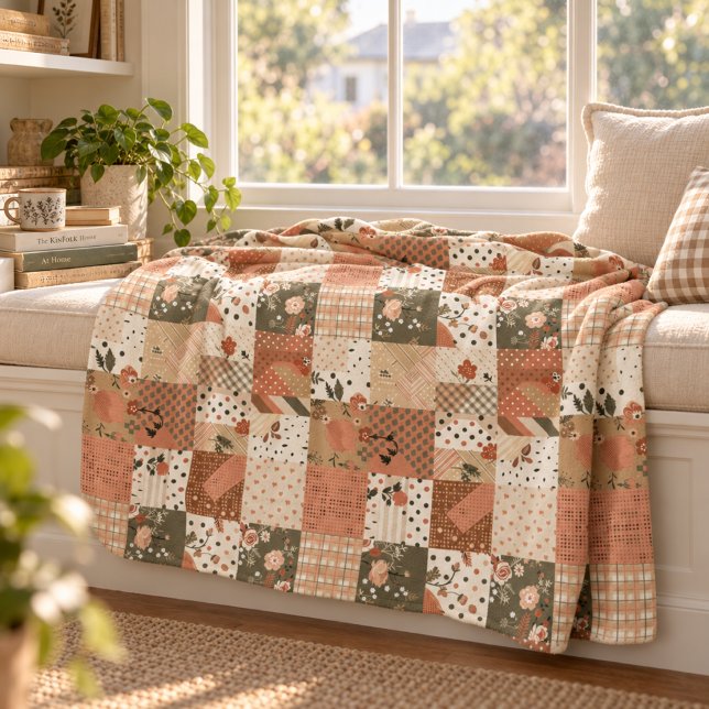 Terrakotta-Pfirsich-Quilt-Patchwork-Gingham-Blumen Fleecedecke (Von Creator hochgeladen)
