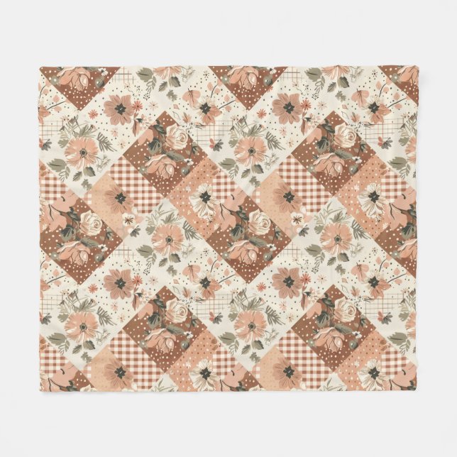 Terrakotta-Pfirsich-Quilt-Patchwork-Gingham-Blumen Fleecedecke (Vorderseite (Horizontal))