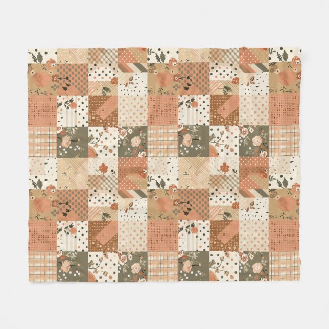 Terrakotta-Pfirsich-Quilt-Patchwork-Gingham-Blumen Fleecedecke (Vorderseite (Horizontal))