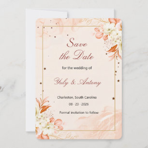 Terrakotta-Pfirsich-Sternen-Magie-Blumenhochzeit Save The Date