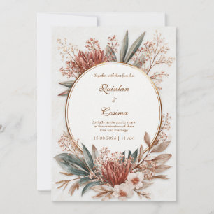 Terrakotta Protea Türkis Blatt Gold Kreis Hochzeit Einladung