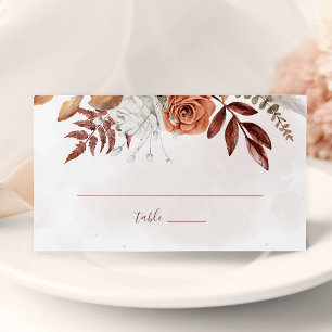 Terrakotta-Rost-Blumen Boho-Herbsthochzeit Platzkarte