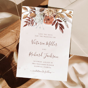Terrakotta-Rost-Blumen Boho-Herbstlaub Save The Date