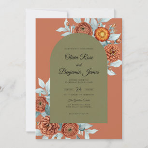 Terrakotta-Rost-Zinnien-Eukalyptus-Hochzeit Einladung