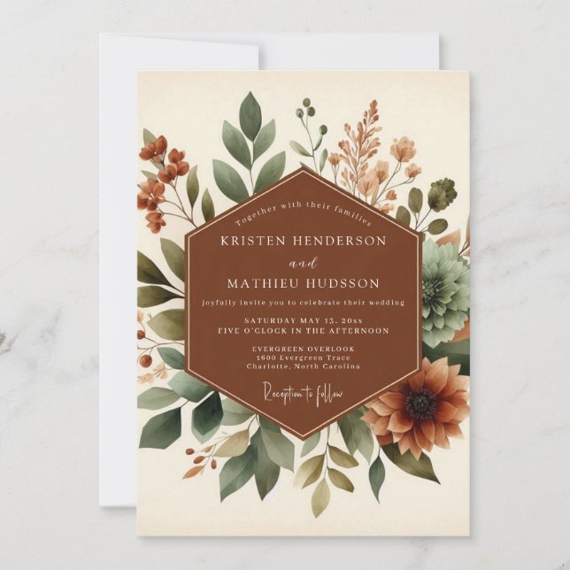 Terrakotta-Rustikale Botanische Hochzeit Einladung (Vorderseite)