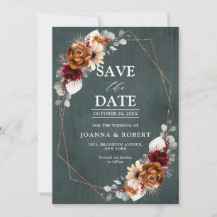 Terrakotta-Sage-Burgunder-Blumen-Geometrie-Hochzei Save The Date