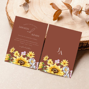 Terrakotta-Sonnenblumen-Monogramm-Blumenhochzeit Einladung