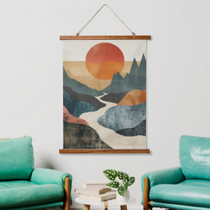 Terrakotta-Teal-Berg-Sonnenuntergangs-Flusslandsch Wandteppich Mit Holzrahmen