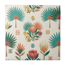 Terrakotta-Teal-Protea- und Fächerpalmen-Keramikfl