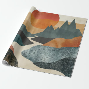 Terrakotta-Türkis-Berg-Sonnenuntergang-Fluss-Lands Geschenkpapier