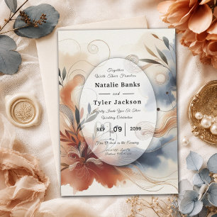 Terrakotta-Twilight- und Navy-Blüten-Hochzeit Einladung