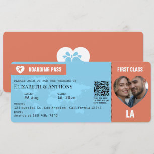 Terrakotta- und Himmelblau-Boarding-Pass-Hochzeit Einladung
