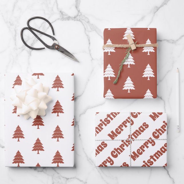 Terrakotta und weiße Bäume Frohe Weihnachtsfeierta Geschenkpapier Set (Vorderseite)
