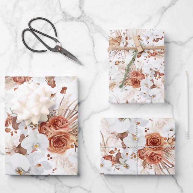 Terrakotta und weiße Blume Botanischer Boho Exotic Geschenkpapier Set (Vorderseite)
