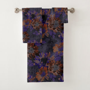 Terrakotta, violette Blumen auf samtig grau Badhandtuch Set