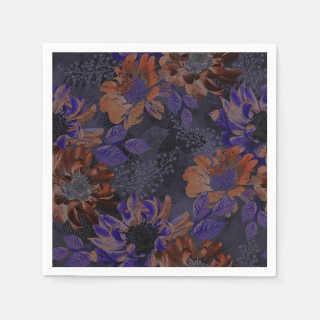 Terrakotta, violette Blumen auf samtig grau Serviette (Vorderseite)