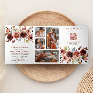 Terrakotta Wasserfarbe Floral Foto QR Code Hochzei Dreifach Gefaltete Einladung